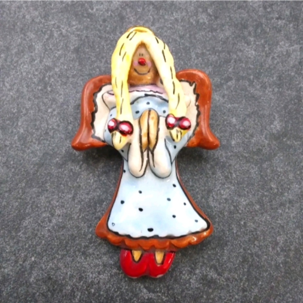Heather Golmine. Signed Handmade Glazed  Ceramic Angel Brooch.